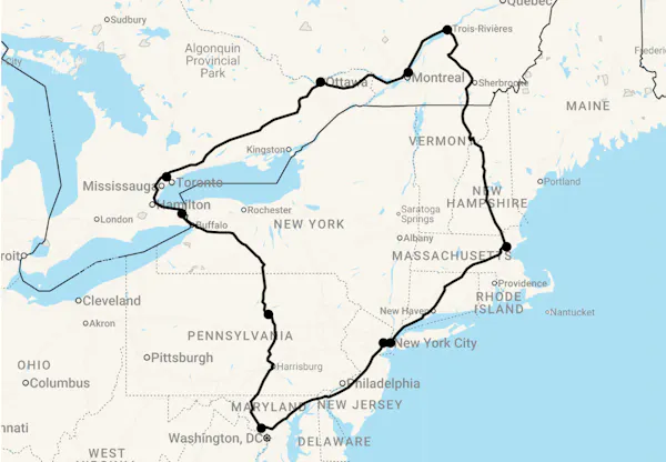 Karte 13 Tage Gruppenreise Ostküste Kanada - USA Kombination