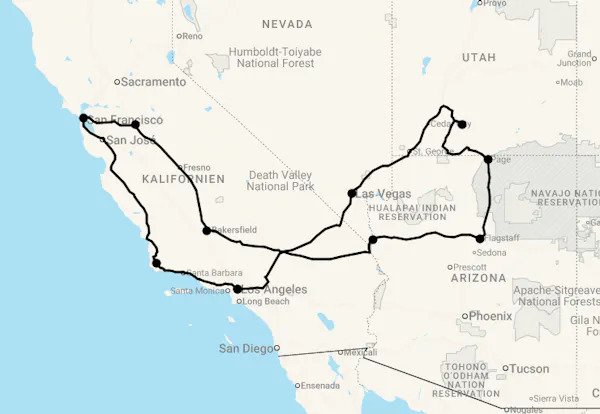 Karte 13 Tage Gruppenreise Westen USA - Forever West