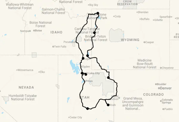 Karte 17 Tage Unentdecktes Utah & Yellowstone
