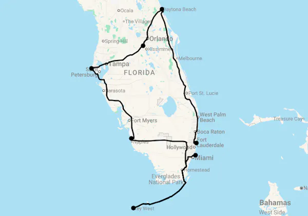 Karte Motorradreise: 15 Tage Best of Florida