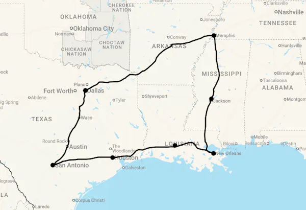 Karte 11 Tage Gruppenreise Texas & Südstaaten