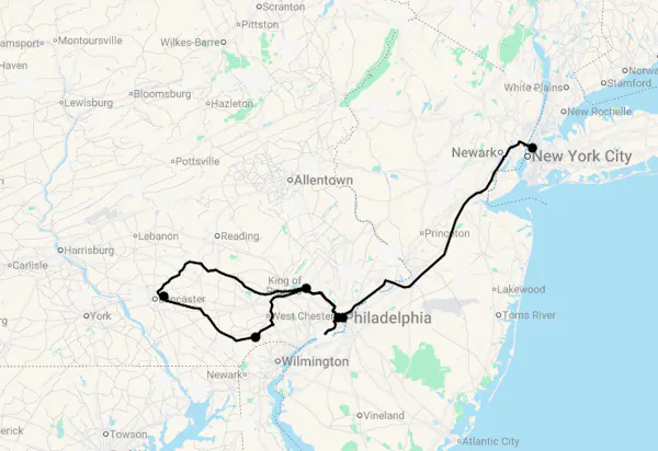 Karte 9 Tage New York, Philadelphia & die Countryside