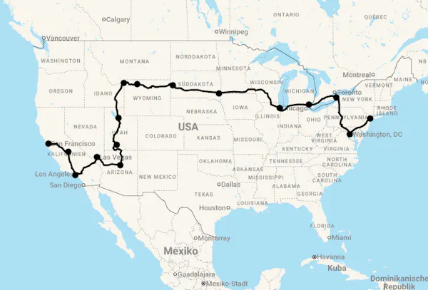 Karte 20 Tage Gruppenreise: Great American Crossing - Die große Amerika-Reise
