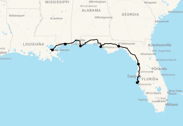 Karte 15 Tage Südstaaten & Florida Panhandle - Golfküste von New Orleans bis Tampa