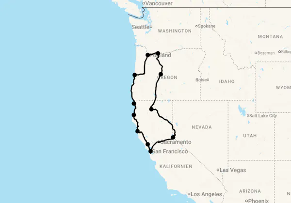 Karte 18 Tage Vulkane, Redwoods & Pazifikküste -  Kalifornien & Oregon