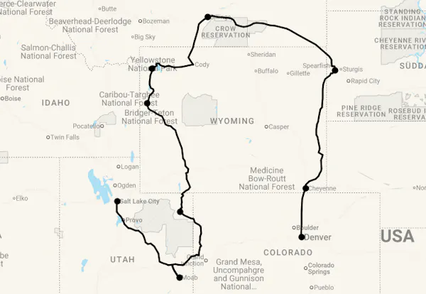 Karte 14 Tage Geführte Motorradrundreise - Utah, Yellowstone & Deadwood