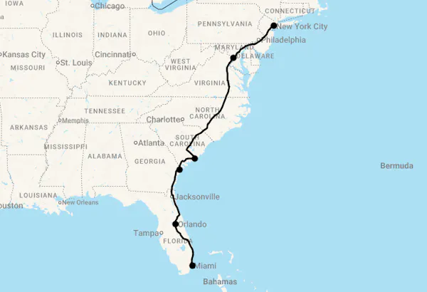 Karte 15 Tage Zugreise entlang der Ostküste der USA - von New York bis Miami