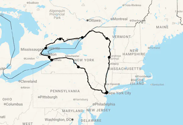 Karte 16 Tage New York State, Ostkanada und die Niagarafälle