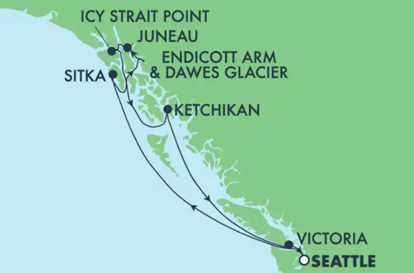 Karte 8 Tage Inside Passage Alaska mit Dawes-Gletscher, Juneau und Ketchikan