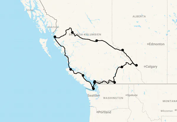 Karte 15 Tage Kleingruppenreise Westkanada - Den Westen entdecken