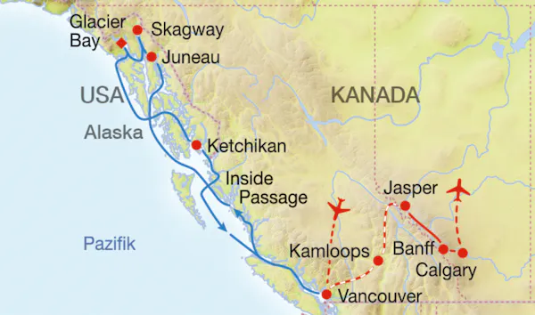 Karte 19 Tage Westkanada mit dem Rocky Mountaineer und Alaska-Kreuzfahrt