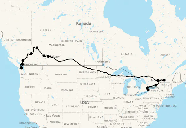 Karte 20 Tage Ost- und Westkanada Highlights