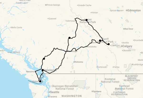 Karte 22 Tage Westkanada mit Mietwagen, Rocky Mountaineer Zug und Alaska-Kreuzfahrt