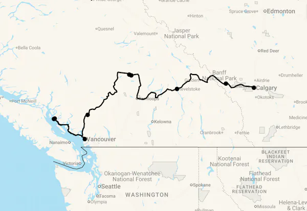 Karte 24 Tage Blockhütten Erlebnis in Westkanada - Vom Pazifik zu den Rockies