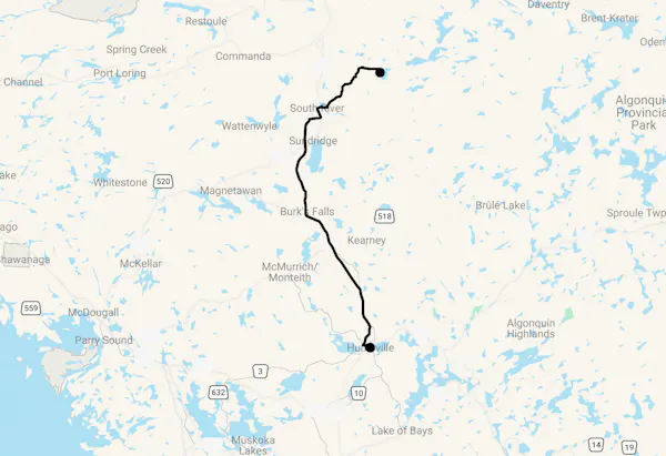 Karte 3 Tage Kanu im Algonquin - Journey of the Voyageur