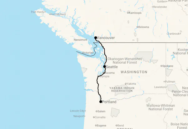 Karte 12 Tage Zugreise: Vancouver, Seattle und Portland entdecken mit Flug