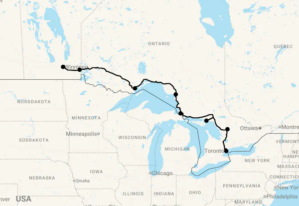 Karte 20 Tage Entlang der großen Seen von Toronto nach Winnipeg mit Fly-in Lodge