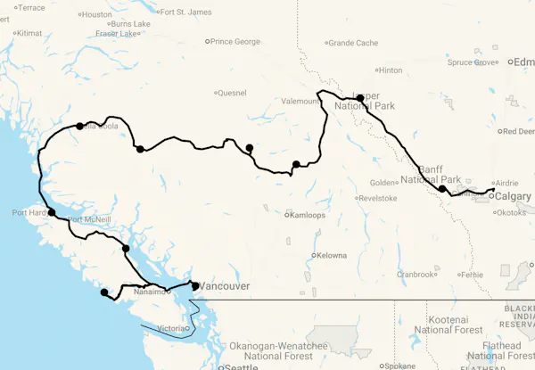 Karte 21 Tage Abenteuer Westkanada mit Discovery Coast Passage und Ranchaufenthalt