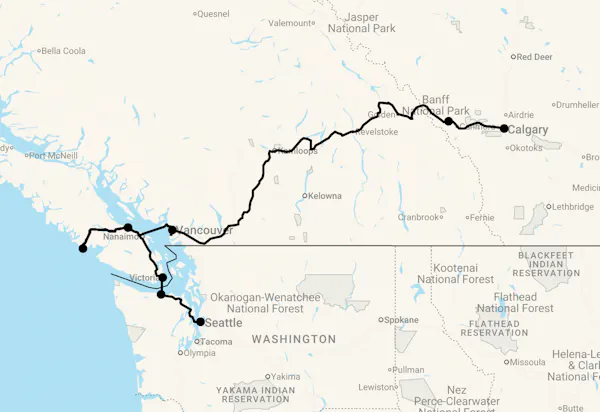 Karte 16 Tage Rocky Mountains & Vancouver Island mit Rocky Mountaineer