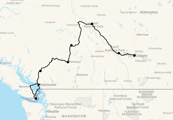 Karte 16 Tage Von den Rocky Mountains zum Pazifik