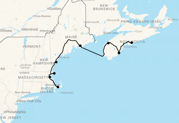 Karte 15 Tage Küstenzauber am Atlantik: Neuengland & Nova Scotia von Boston nach Halifax