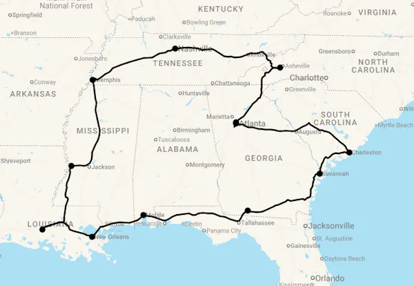 Karte 20 Tage Southern Spirit - Große Südstaaten-Rundreise USA