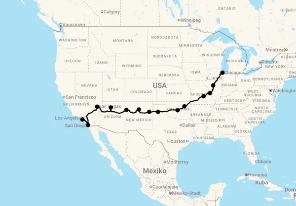 Karte 22 Tage Die Route 66 von Chicago nach Los Angeles