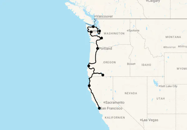 Karte 19 Tage Die Westküste entlang - Seattle bis San Francisco