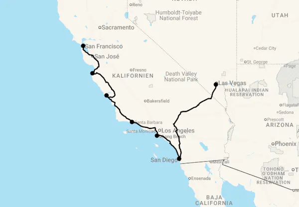 Karte 14 Tage Westküsten-Highlights - Kalifornien & Las Vegas