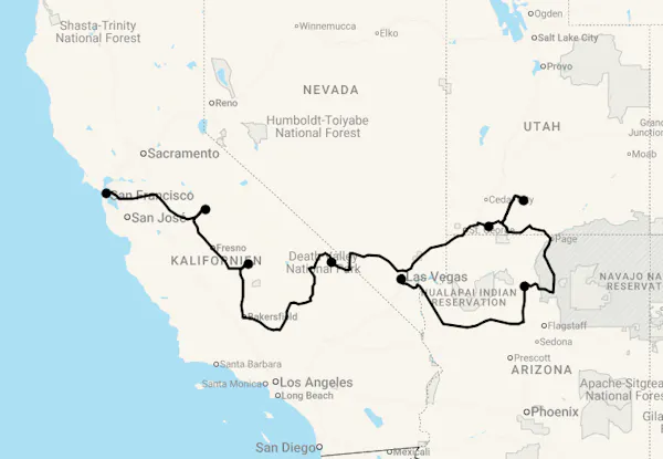 Karte Motorradreise: 14 Tage USA West & Nationalparks