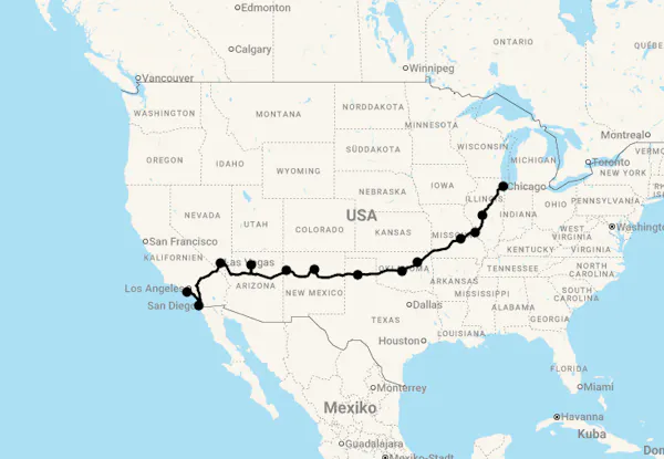 Karte Motorradreise: 18 Tage Route 66