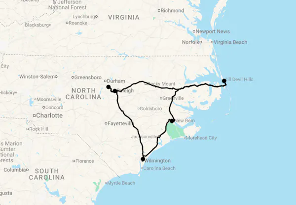 Karte 10 Tage Malerisches North Carolina