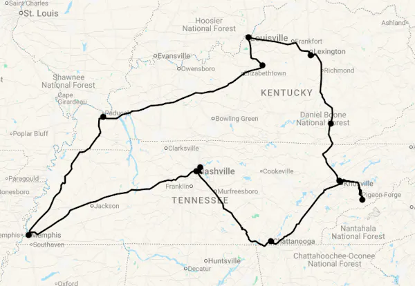 Karte 14 Tage Kentucky und Tennessee