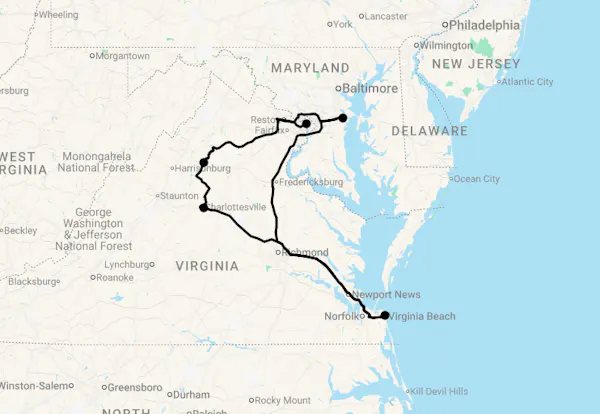 Karte 14 Tage Capital Region und Strandurlaub in Virginia Beach