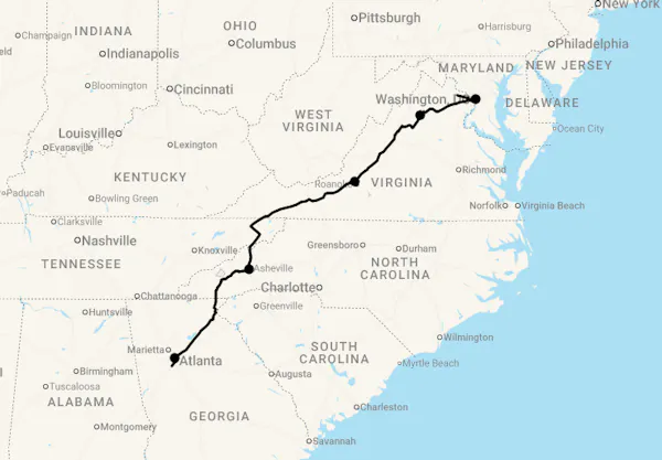 Karte 11 Tage Den Blue Ridge Parkway entdecken
