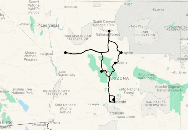 Karte 11 Tage Arizona Entdecken - Grand Canyon & Route 66