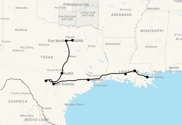 Karte 15 Tage Cowboys und Südstaatenflair - Texas bis Louisiana