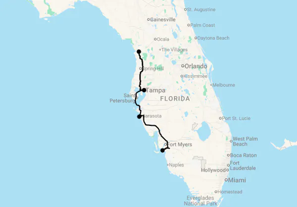 Karte 12 Tage Floridas Vielfalt Entdecken - Kultur, Strand und Manatees