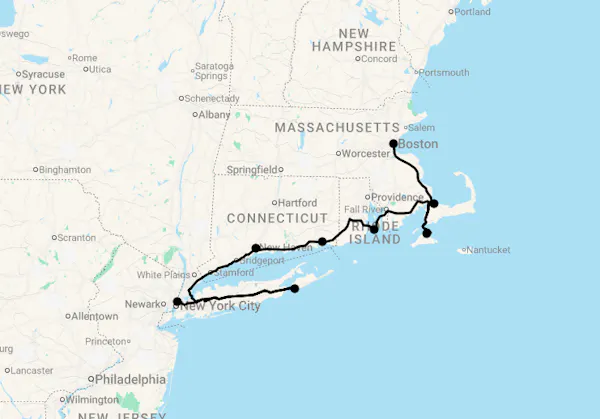 Karte 15 Tage New York bis Boston by the Beaches
