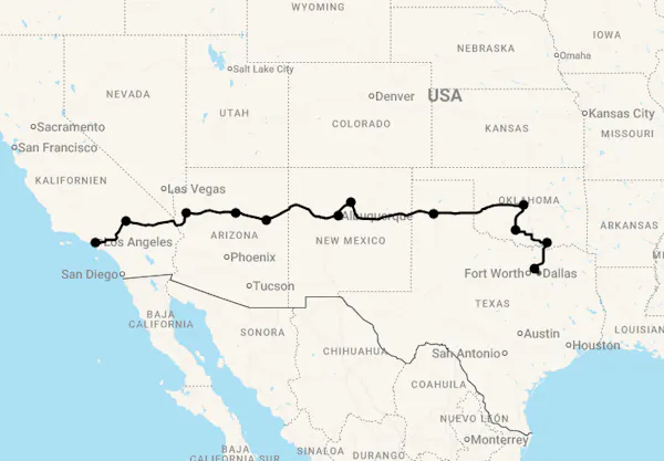 Karte 18 Tage Route 66 West - Von Grapevine nach Santa Monica