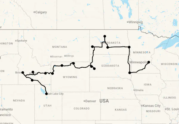 Karte 20 Tage West-USA Roadtrip: Von den Great Plains zu den Rockies