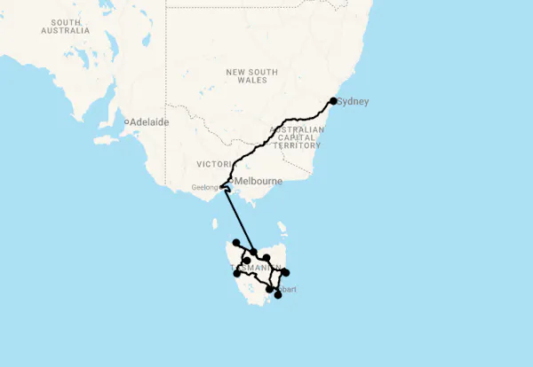 Karte 22 Tage Under Down Under - Teuflisch spannendes Tasmanien