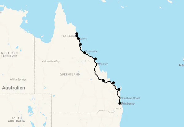 Karte 17 Tage Küstenabenteuer in Queensland