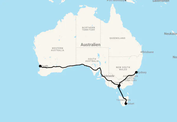 Karte 14 Tage Städtereise Australien von Perth bis Sydney