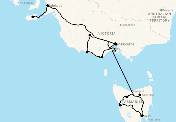 Karte 14 Tage Australiens Süden mit Tasmanien