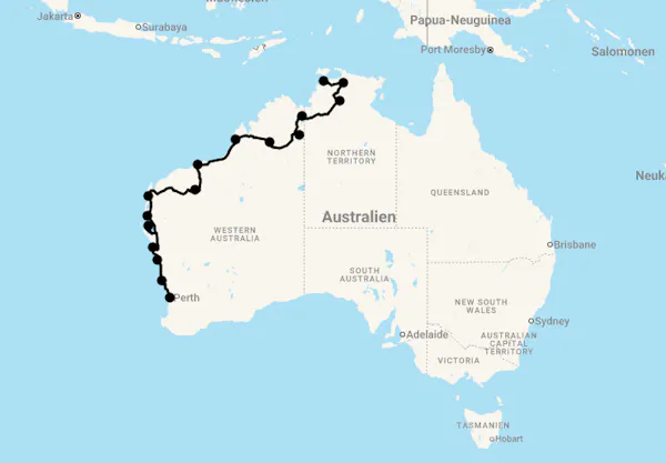 Karte 26 Tage Ultimativer Roadtrip: Australiens Westküste & die Kimberleys