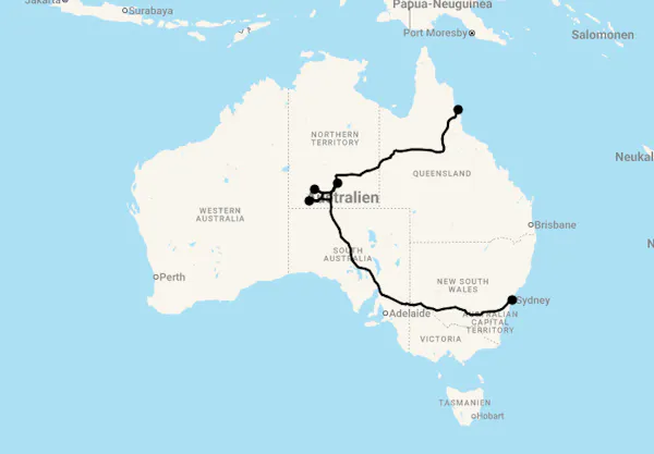 Karte 11 Tage Highlights von Sydney nach Cairns