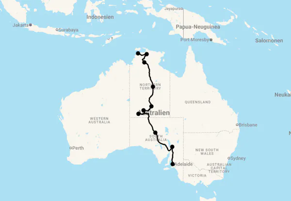 Karte 21 Tage Von Nord nach Süd quer durch Australiens rotes Zentrum