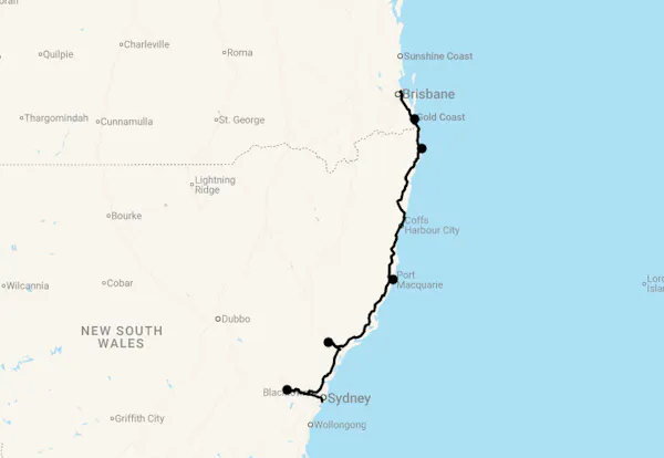 Karte 8 Tage Von Brisbane nach Sydney (Strände, Wein und die Blue Mountains)