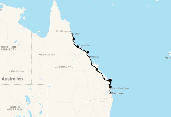 Karte 11 Tage Von Cairns nach Brisbane (Tropical Coast Experience)